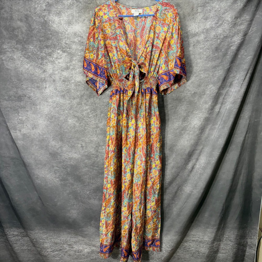 Zury Silk Blend Paisley Wide Leg Jumpsuit Free Size Cut Out Tie Front India Boho